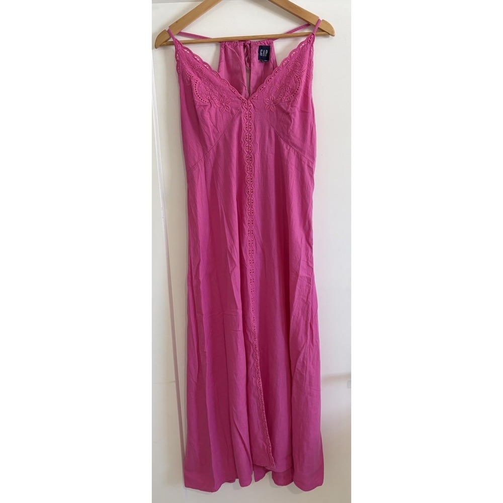 NWT GAP Phoebe Pink Linen Embroidered Maxi Dress MED Halter Vacation Sun Dress